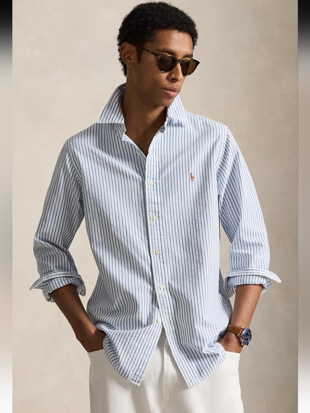Polo by Ralph Lauren Light Blue White Striped Seersucker Cotton Oxford Shirt XL
